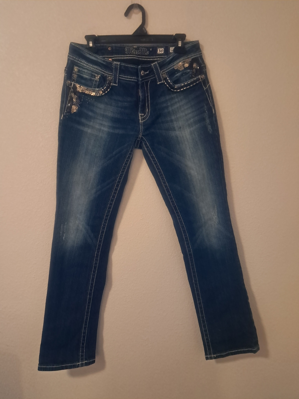 Miss Me Blue Straight Leg Jeans with Sequin Pocket Accents